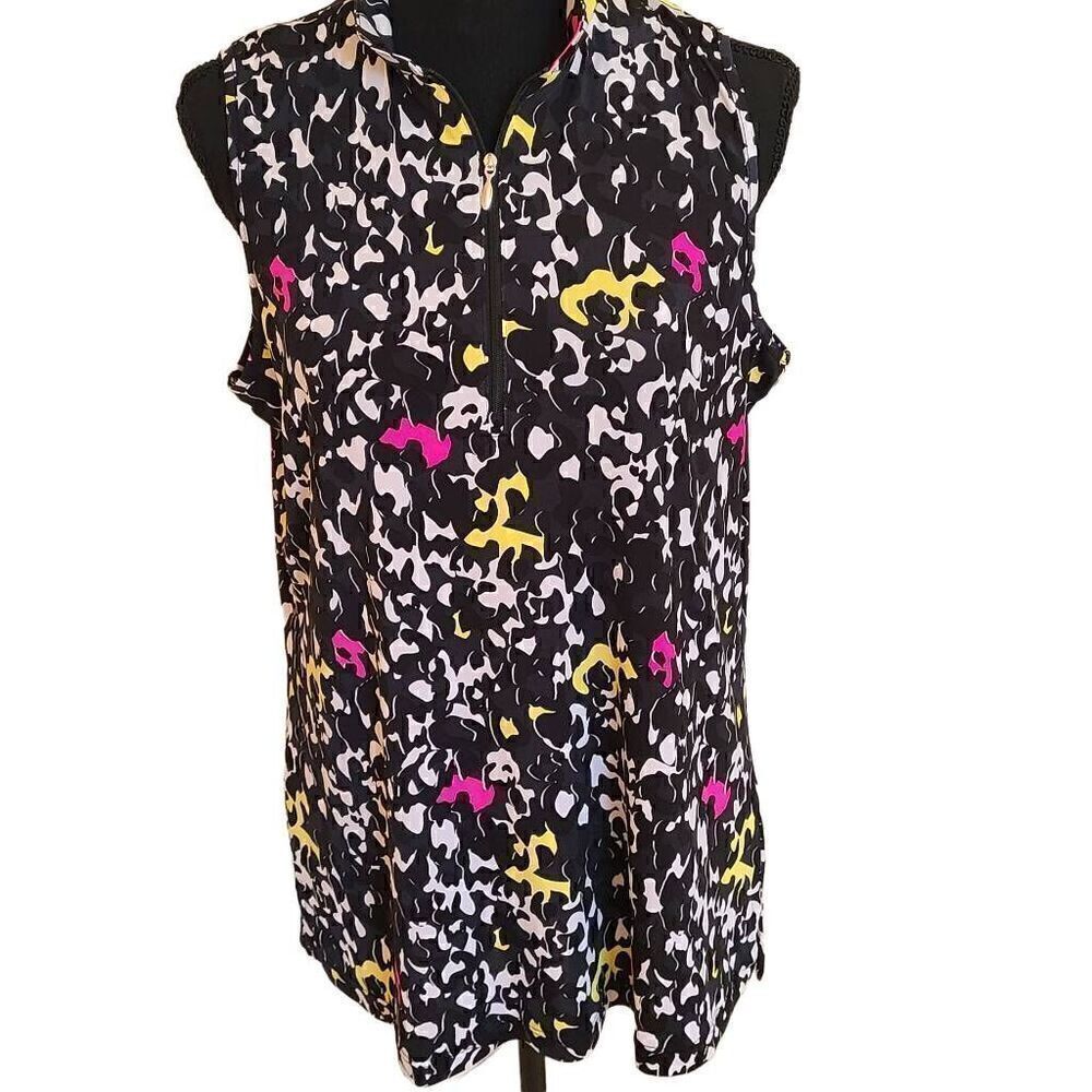 Jamie Sadock Simplicite Womens Golf Sleeveless Mixed Print Black Pink Top Large
